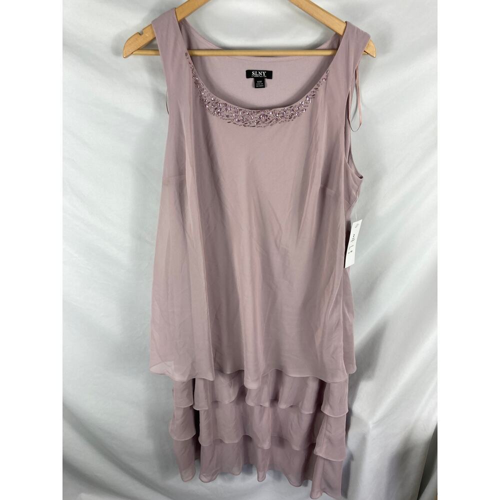 NWT SLNY Beaded Neck Ruffle Bottom Sleeveless dress Purple 14W